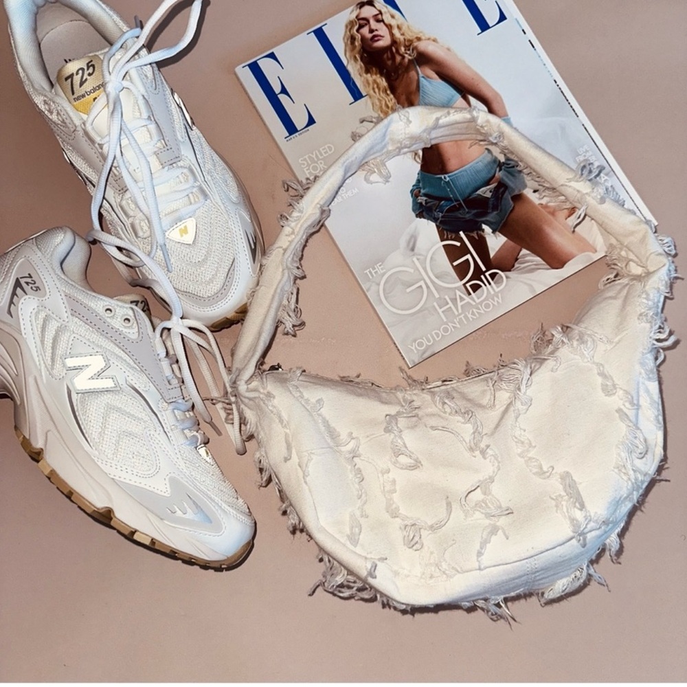 BAG White Cotton Distressed Half Moon Shoulder Bag